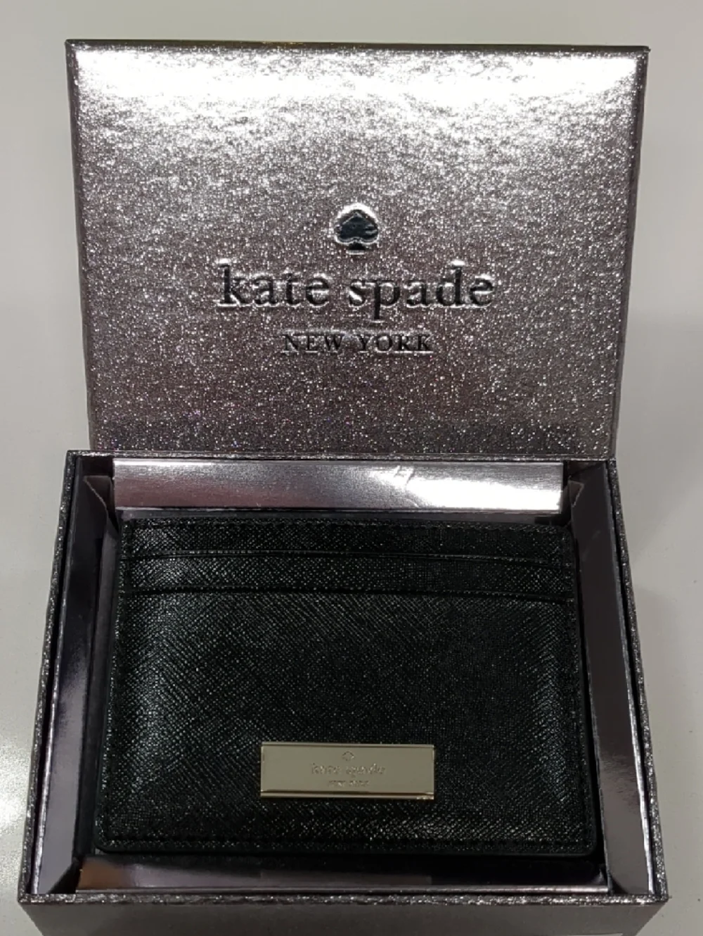 kate spade Black Saffiano Leather Card Case with Metal Logo Plaque